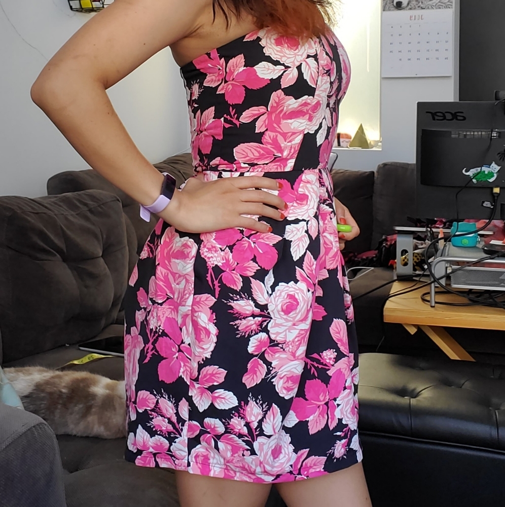 Black and pink rose strapless dress